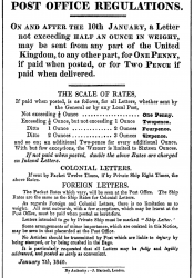 A notice describing the prices of various postage due to the introduction of the Penny Post in the UK nationwide. 
