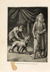 Halftone image in Atalanta Magazine showing woman dressed in furs, holding a hatchet, and a man restraining a dog