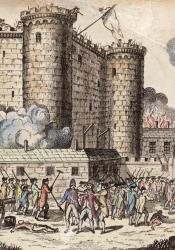 An illustration of the Storming of the Bastille, citizens rally on the outside while smoke and fire burns the inside.