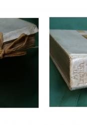 Double panel split image, one depicting the silk ties and gold pages of the 1900 publication of An Englishwoman's Love-Letters, the other the gold embossed vellum spine with a heart, ribbons, and delicate floral decorations.