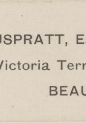 Cream-coloured adhesive label with dark grey writing that reads: E. K. Muspratt, Esq., 5, Victoria Terrace, Beaumaris.