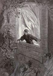 One of a series of steel-plate engravings made in tribute for 'The Raven' by artist Gustave Dore, released in 1884. Dore used heavy shadows to capture the gloomy/depressed mood of the piece, as well as a lot of religious imagery (particularly angels) throughout the series to represent death and the souls of the dead. Dore also did illustrations for authors like Lord Byron, Milton, Tennyson, and Dante. Scene pictured is the narrator of the Raven flinging open his window to try and see what was knocking, acci