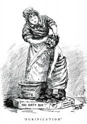 Political cartoon representing the purifying influence women's suffrage was thought to bring to society