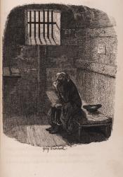 Black-and-white etching of a terrified prisoner in a Victorian jail