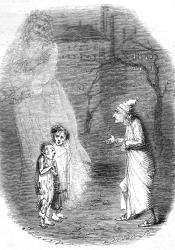 old man looking at two children with ghost