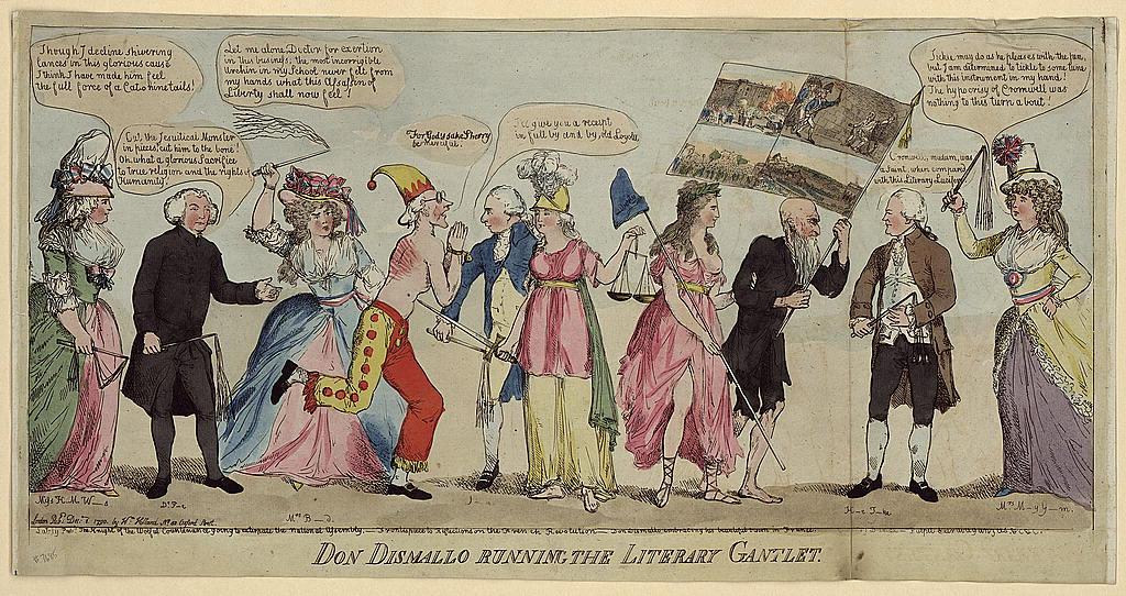 Political cartoon of 10 18th century notables.