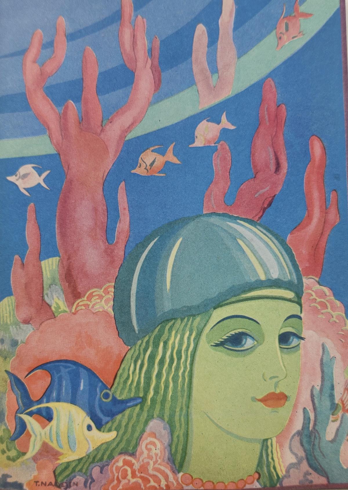 a mermaid in a 1920s hat, with coarl and fish