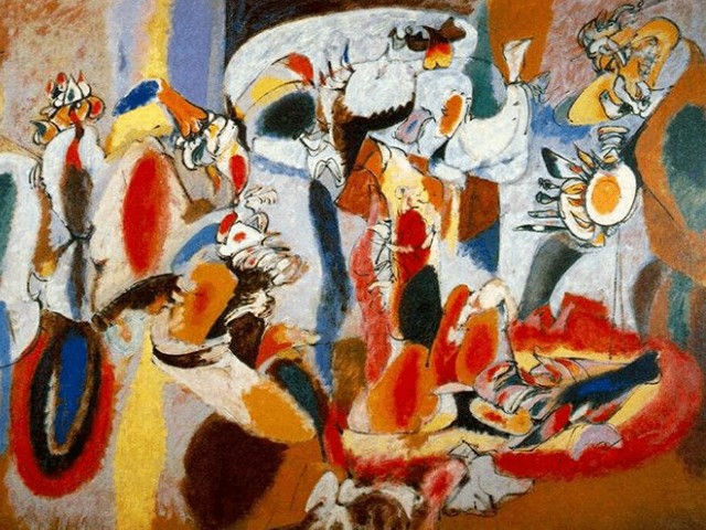 A biomorphic abstraction filled with flowing, organic shapes and vivid colors, inspired by Gorky's personal memories and emotions.