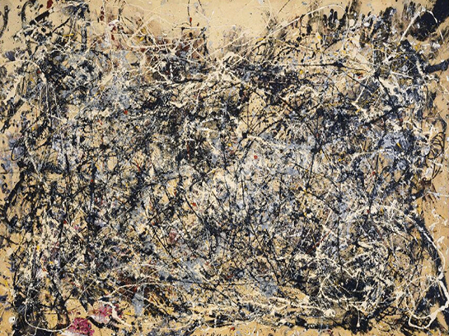 One of Pollock's first iconic drip paintings, created by pouring and splattering paint onto the canvas. The piece has no central focus, inviting viewers to explore the entire surface.