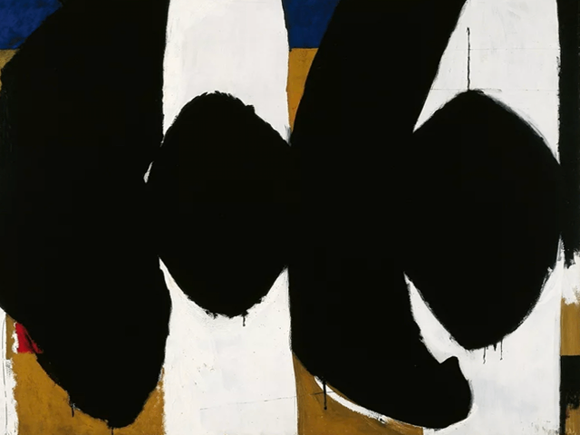 Part of Motherwell’s series mourning the Spanish Civil War, this painting features bold, black forms juxtaposed against white and color fields