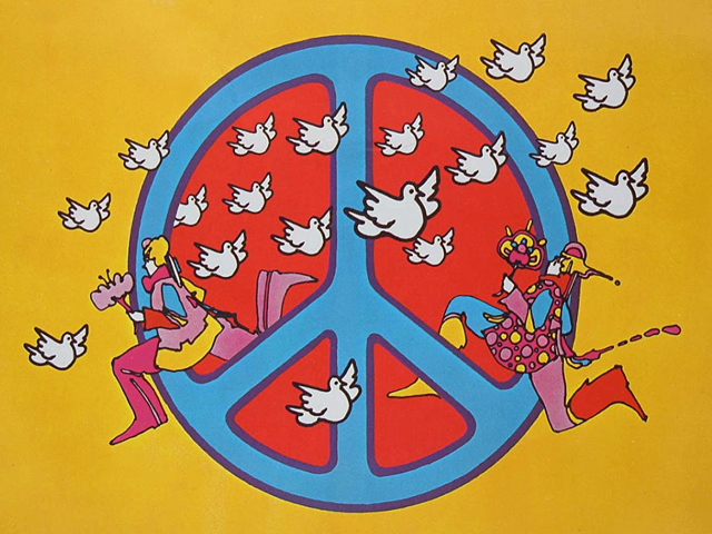 A vibrant, bold image that reflects the counterculture movement of the late 1960s and early 1970s. The artwork features a large, bold peace symbol at its center, surrounded by swirling, vivid colors like neon pinks, blues, greens, and yellows. The swirling patterns and bright colors emphasize the peace symbol, which became synonymous with anti-war and civil rights activism. Blending elements of Pop Art and psychedelic art, Max captures the optimism, rebellion, and creative spirit of the youth’s movement. It