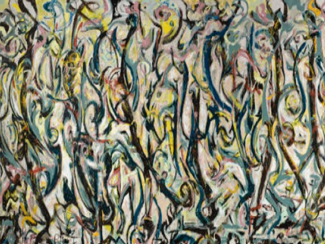 A massive, energetic work commissioned by Peggy Guggenheim, it marked Pollock's shift toward his iconic drip-painting style. The piece is a dynamic blend of swirling forms and colors, suggesting movement and chaos.