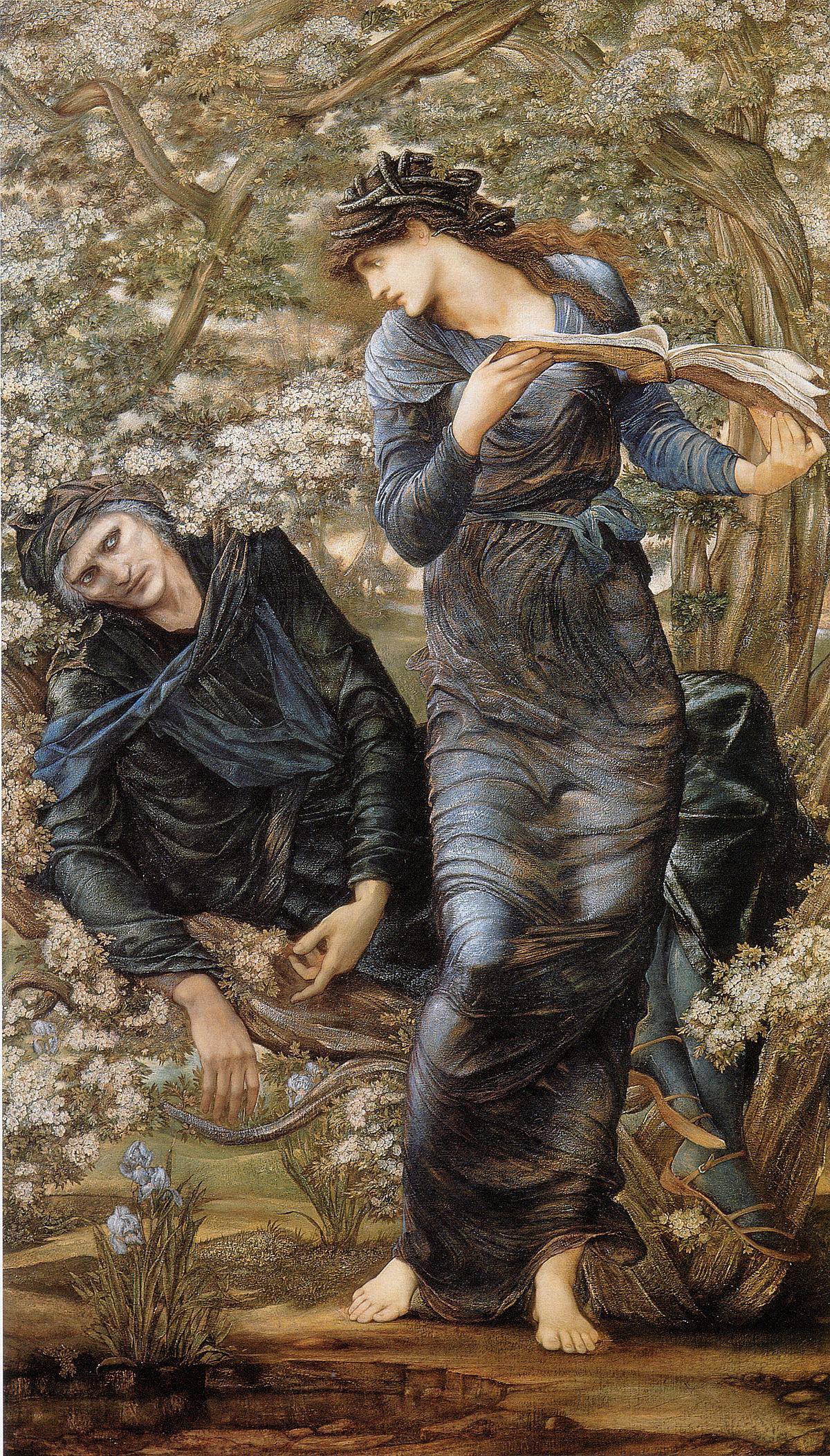 A sorceress surrounded by flowers in front of a male lying on the ground covered by tree branches. 