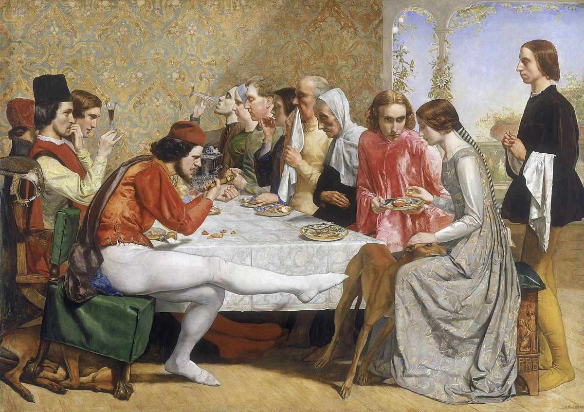 A scene from John Keats' poem 'Isabella', painted in medieval inspired style. Isabella sits at the dining table beside her lover Lorenzo, who looks on her intensely, and opposite her brothers. A lurcher stands with its head in her lap. The brothers wear red while Isabella wears silver. The brother who sits opposite has his leg outstretched across the foreground of the painting with his toes touching the lurcher.