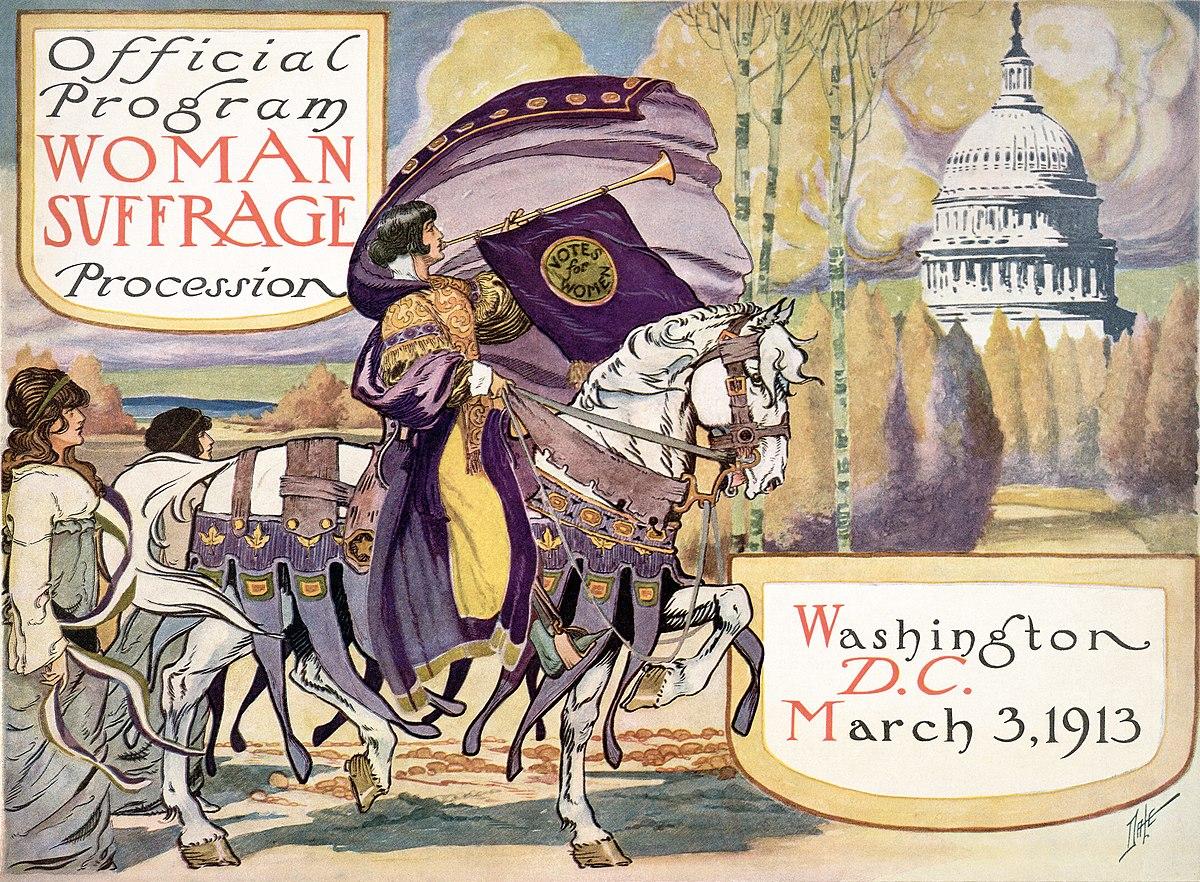 An image of the Official Program Woman Suffrage Procession which shows a woman on a white horse holding a long horn with a banner draped on it that says, "Votes for Woman". The image also has the date and location of the procession, Washington D.C. March 3, 1913.