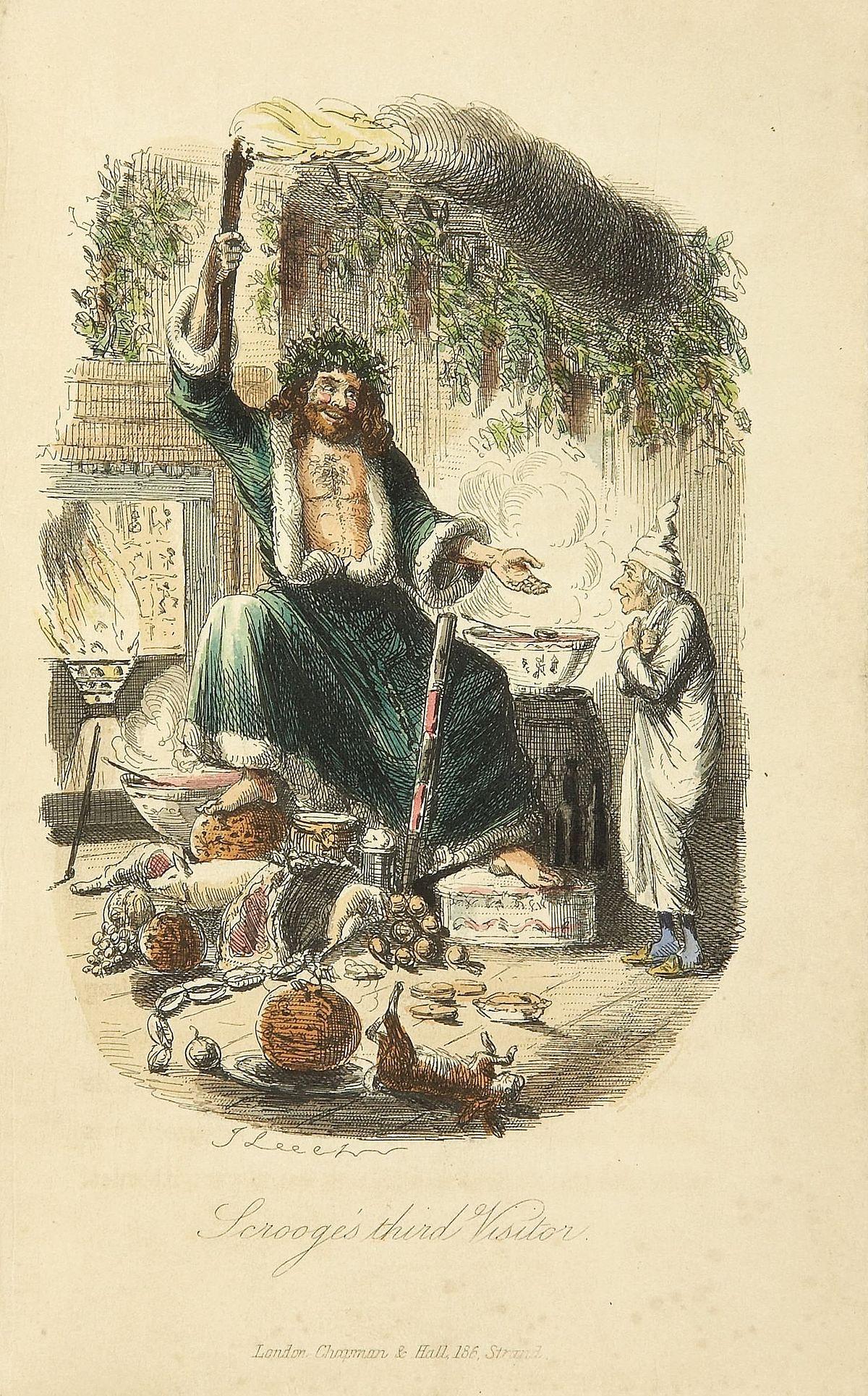 The Ghost of Christmas Past sits upon a throne of food, beckoning Scrooge.
