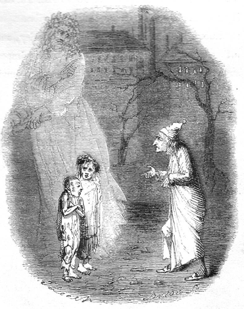 Wood-Engraved image of Scrooge starring remorsefully at the two impoverished children