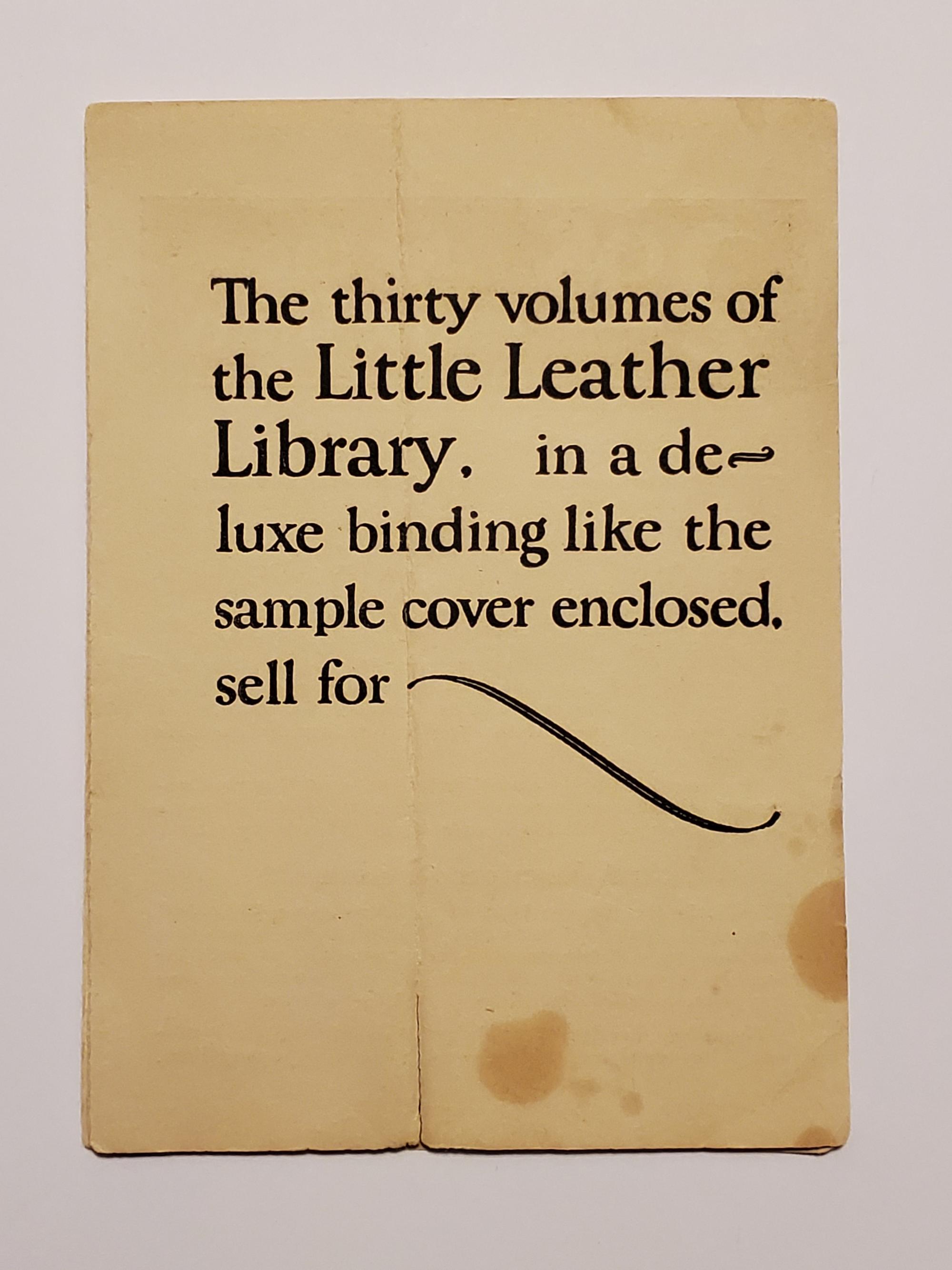 an old sheet of paper, heavily yellowed, that reads "The thirty volumes of the Little Leather Library, in a deluxe binding like the same cover enclosed, sell for ~"