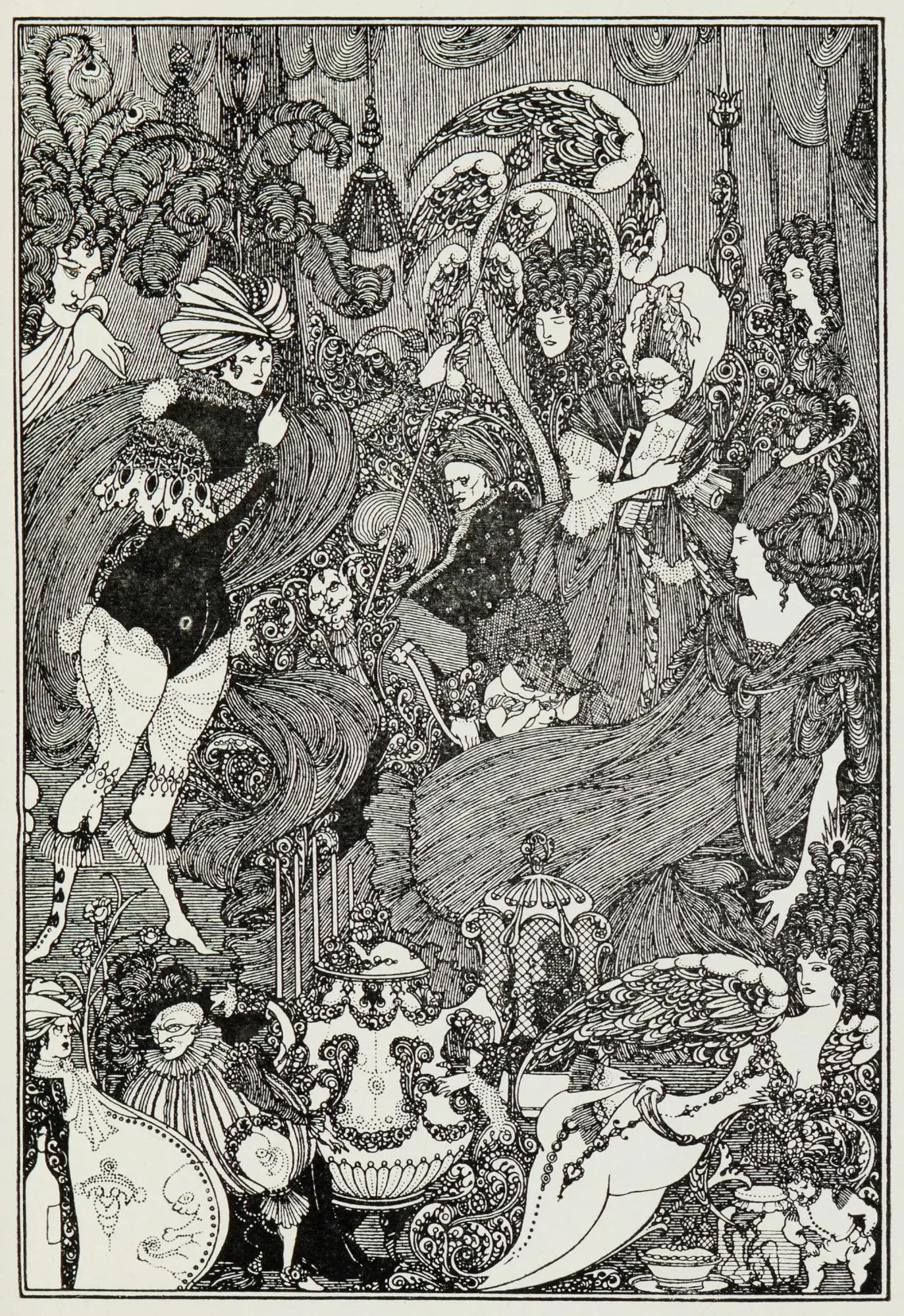 An illustration of a room full of people, with objects blending into people's forms. All but two of the faces look upset, and one of the faces who doesn't is the handle of a pot of some kind. Very crowded scene filled with opulent detail.