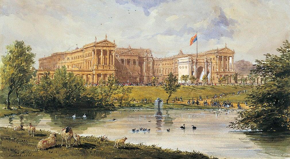 A painting showing Buckingham Palace in the background of the nearby St. James's Park.
