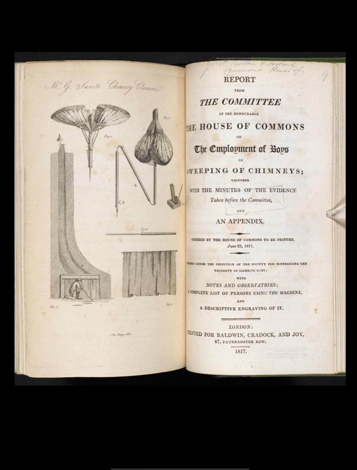 Illustration of chimney stack and tools sued by chimney sweepers. 