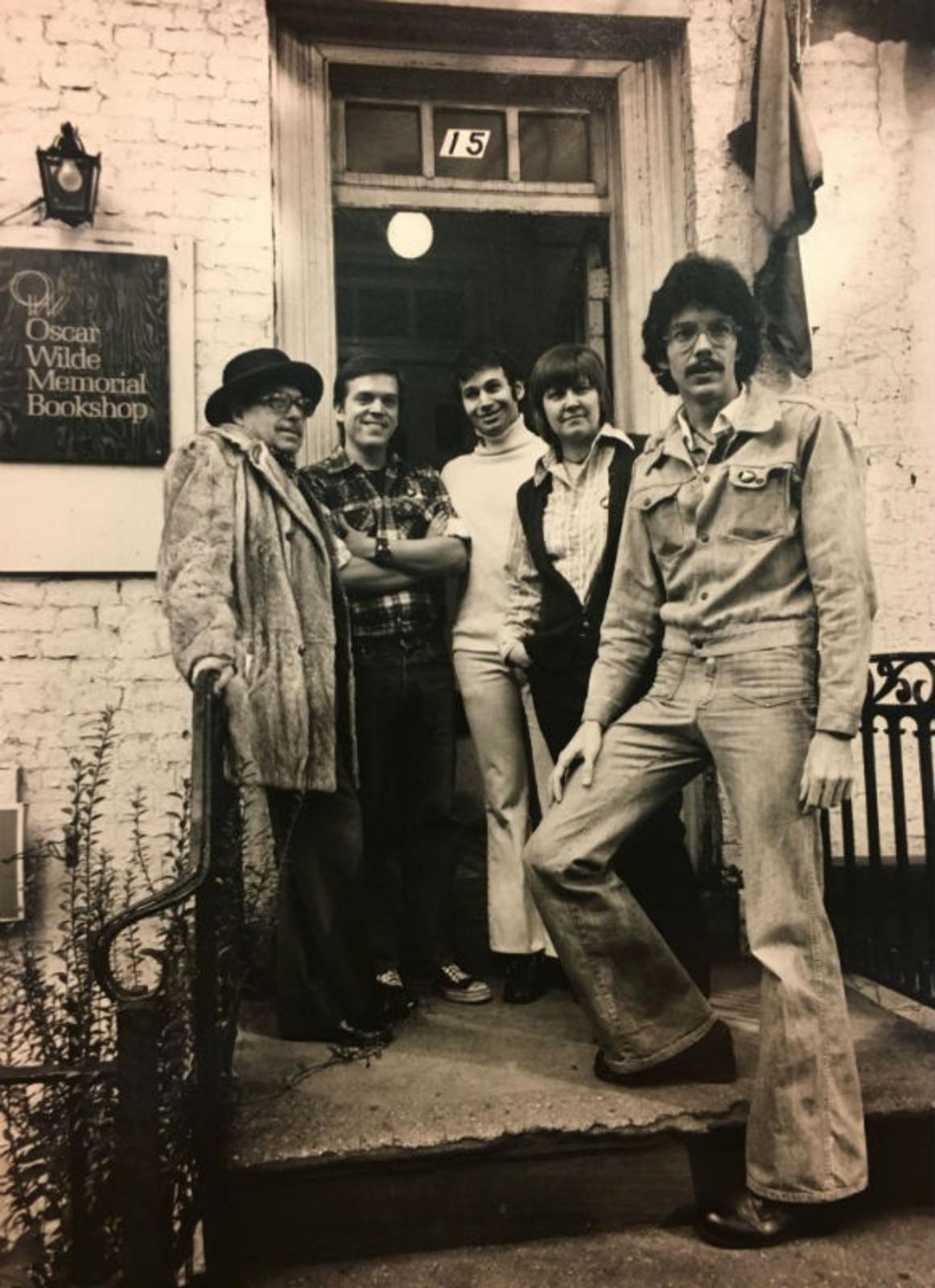 Photograph of Craig Rodwell, Tennessee Williams, and staff of Oscar Wilde Memorial Bookshop