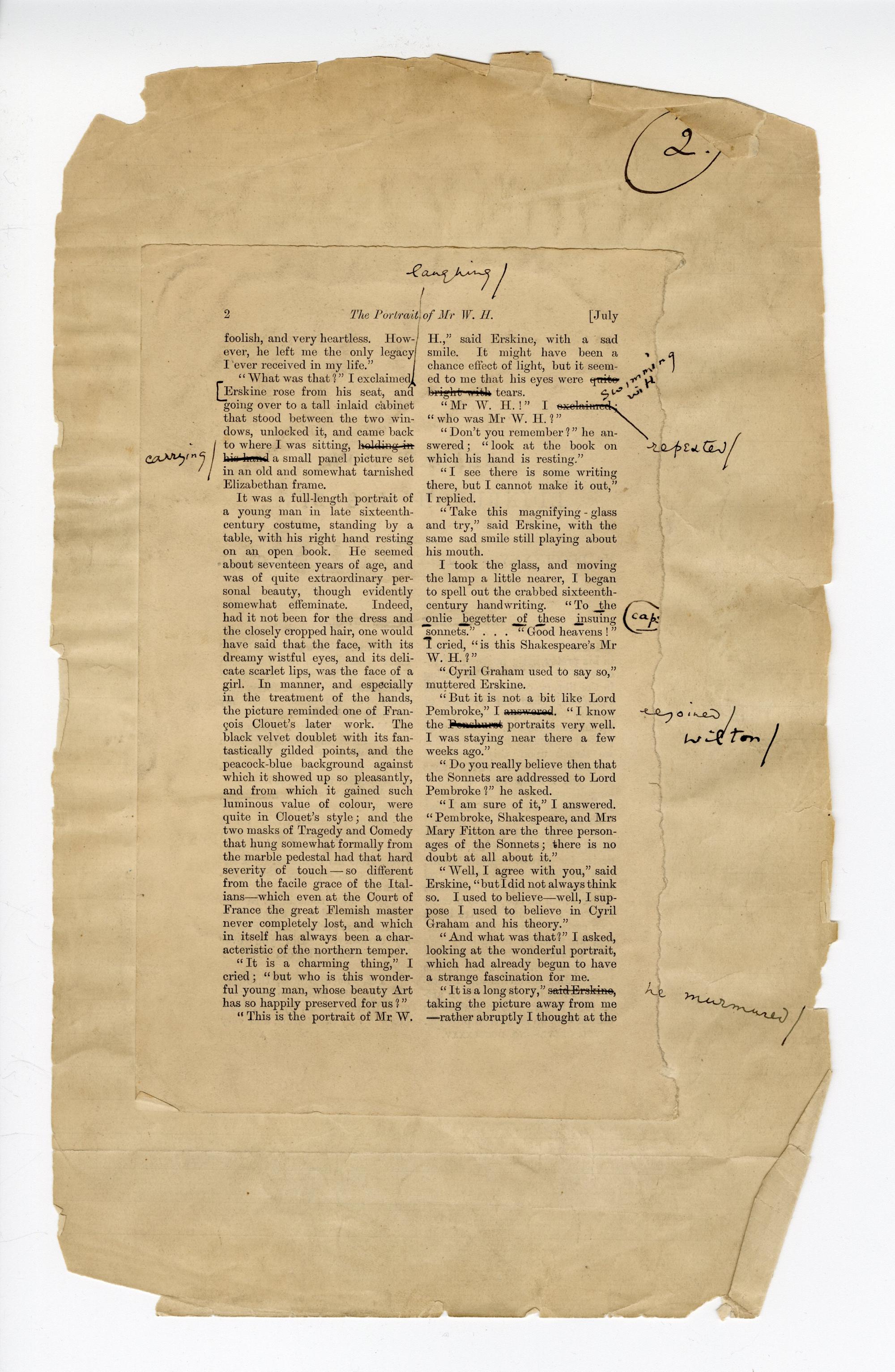 Folio 2, full page of Blackwood's p.2 with annotations in Wilde's handwriting, some going into the margins of the notebook page which it is glued on.