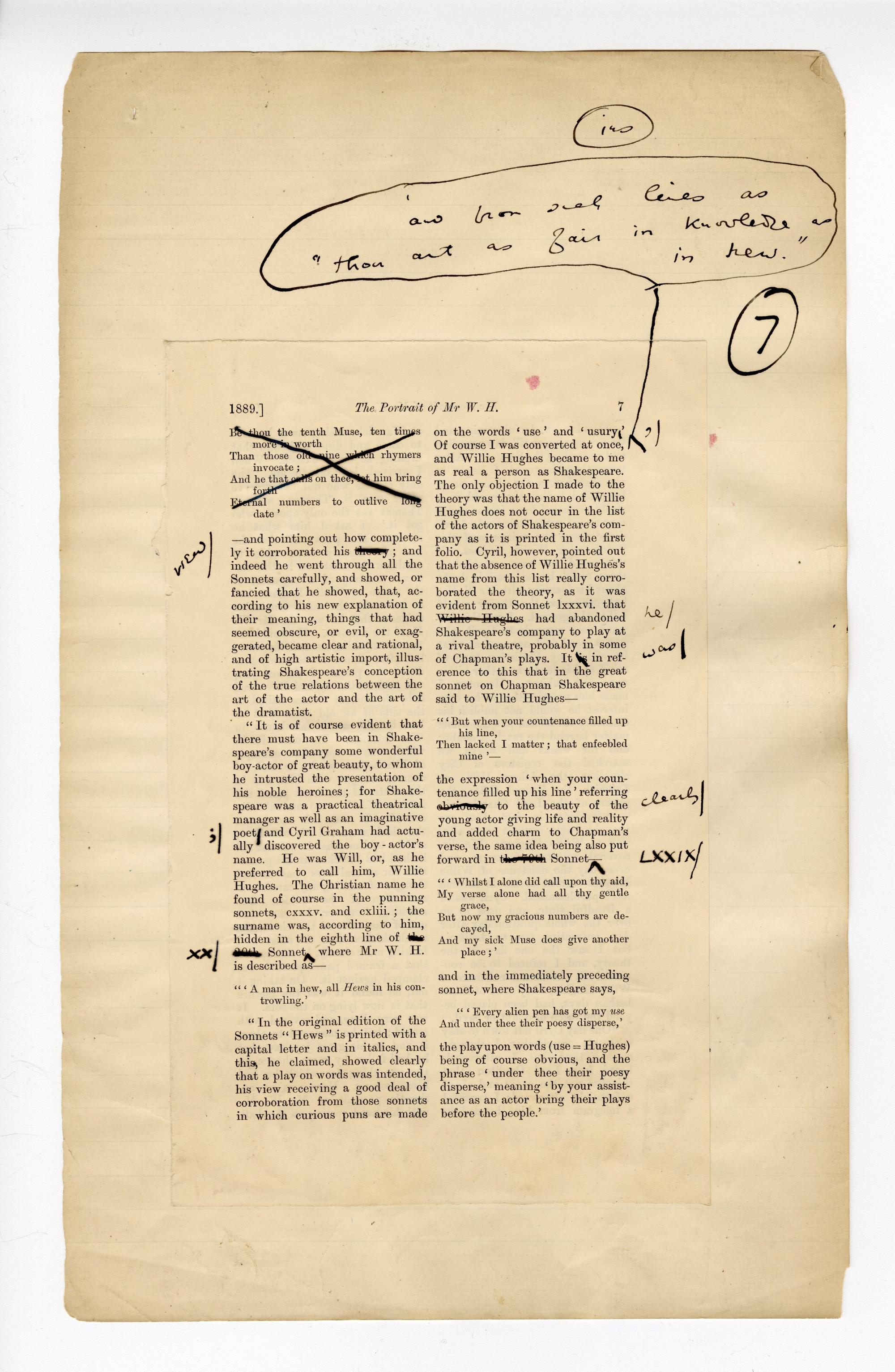 Folio 7 contains a full page (p.7) from the Blackwood's 1889 printing glued down onto a notebook page. Wilde's annotations are both on the Blackwood's page and an addition in the upper margin of the notebook.