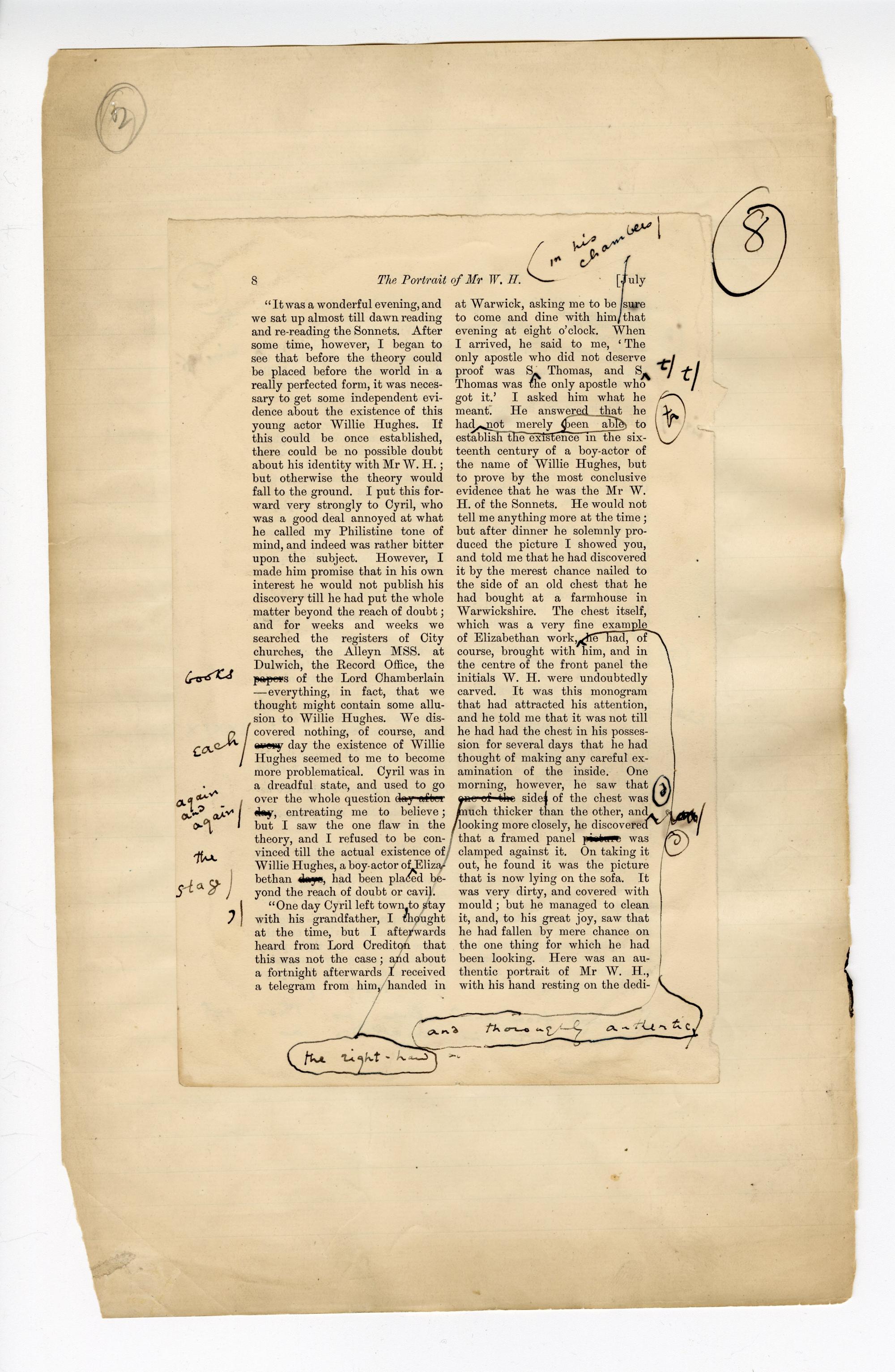 Folio 8 contains a full page (p.8) from the Blackwood's 1889 printing glued down onto a notebook page. Wilde's annotations are only on the Blackwood's page except for the folio number in the upper right corner.  There is also a penciled in "2" in the upper left corner which does not seem to match Wilde's handwriting.