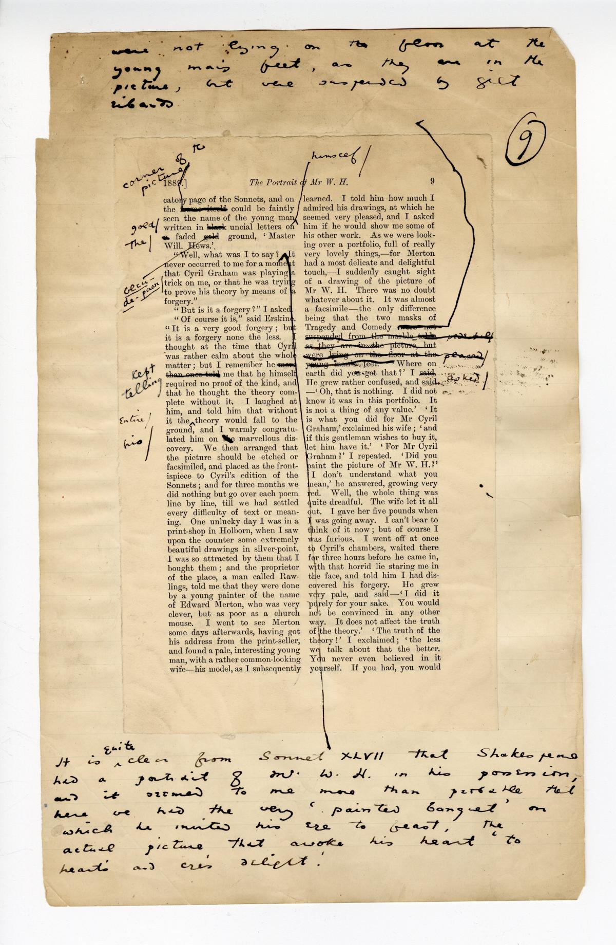 Folio 9 contains a full page (p.9) from the Blackwood's 1889 printing glued down onto a notebook page. Wilde's annotations are both on the Blackwood's page and additions in the top and bottom margins of the notebook page.