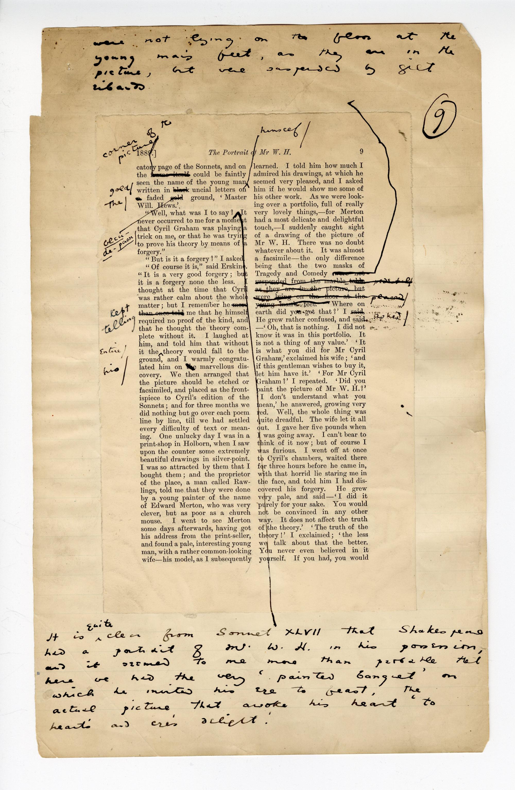 Folio 9 contains a full page (p.9) from the Blackwood's 1889 printing glued down onto a notebook page. Wilde's annotations are both on the Blackwood's page and additions in the top and bottom margins of the notebook page.