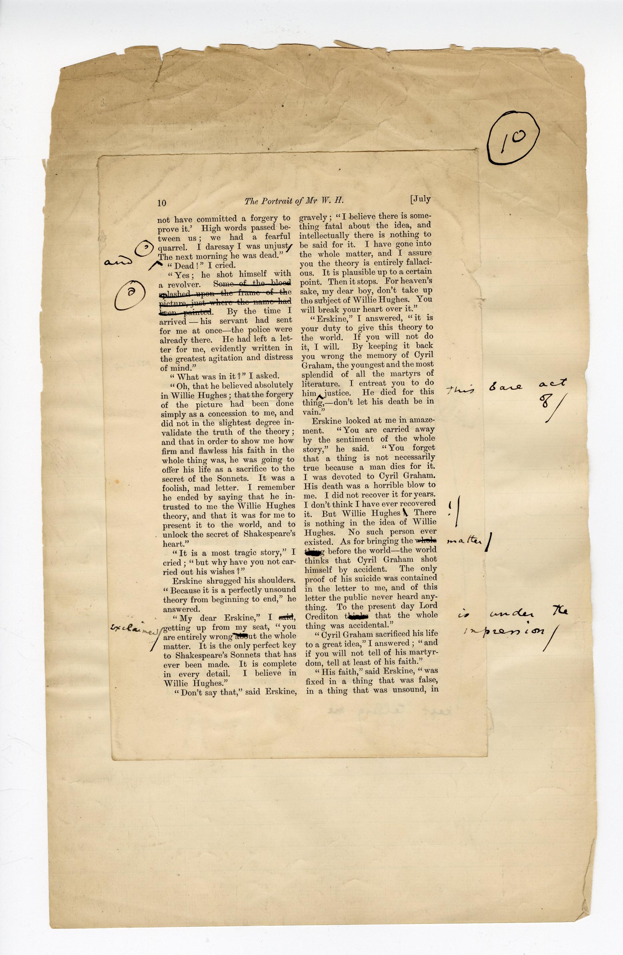 Folio 10 contains a full page (p.2) from the Blackwood's 1889 printing glued down onto a notebook page. Wilde's annotations are both on the Blackwood's page and run off into the margins of the notebook page.