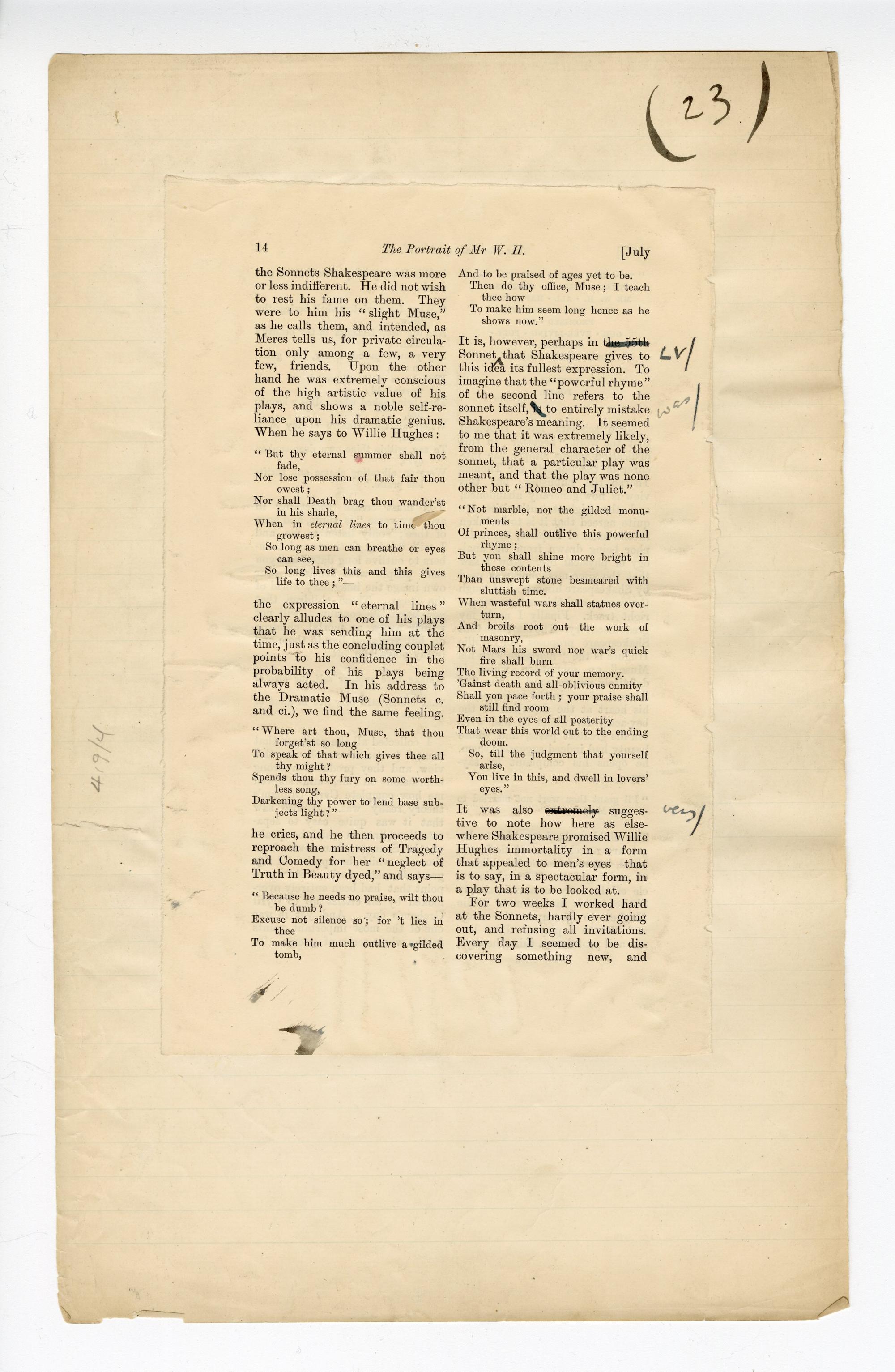 Folio 23 contains a full page (p. 14) from the Blackwood's 1889 printing glued down onto a notebook page. Wilde's annotations are on the Blackwood's page but not on the margins of the page except for the folio number. There is a pencil marking (4/9/4?) in the left hand margin which may not be in Wilde's hand and it is unclear what this marking might refer to.