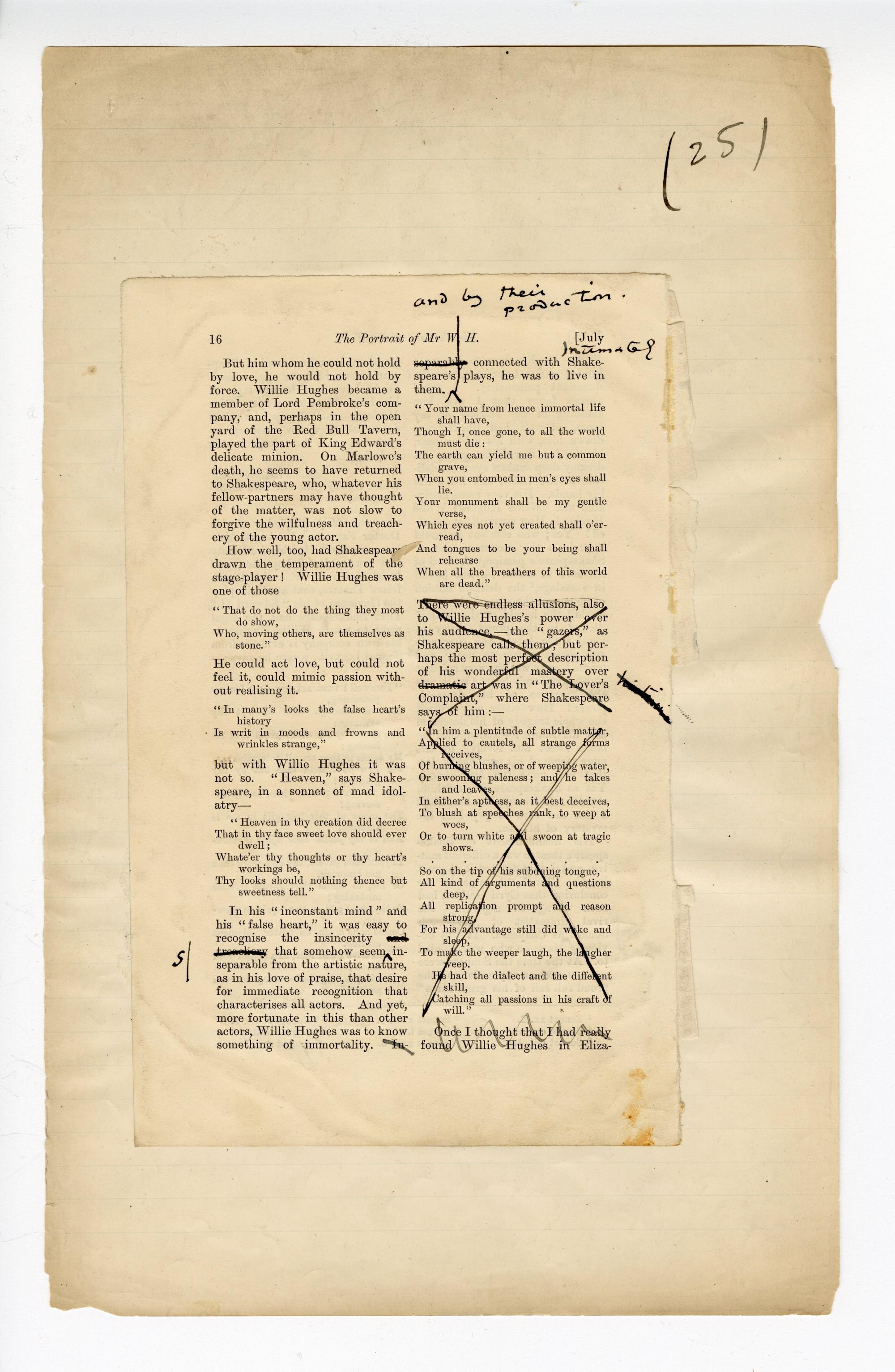 Folio 25 contains a full page (p. 16) from the Blackwood's 1889 printing glued down onto a notebook page. Wilde's annotations are on the Blackwood's page but not on the margins of the page except for the folio number.