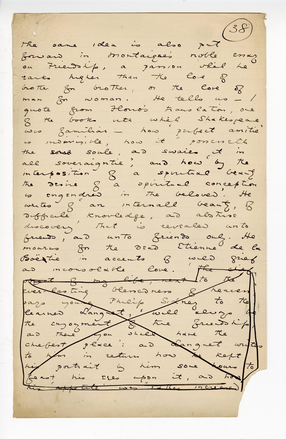 Folio 38 is a handwritten notebook page with no cutouts. 