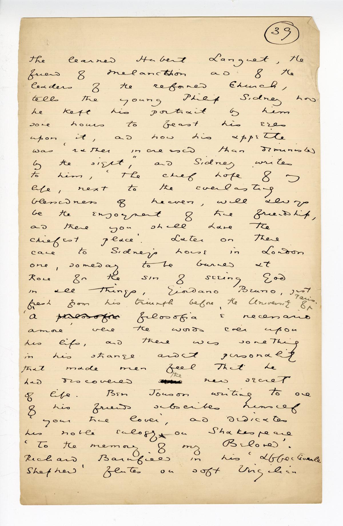 Folio 39 is a handwritten notebook page with no cutouts. 