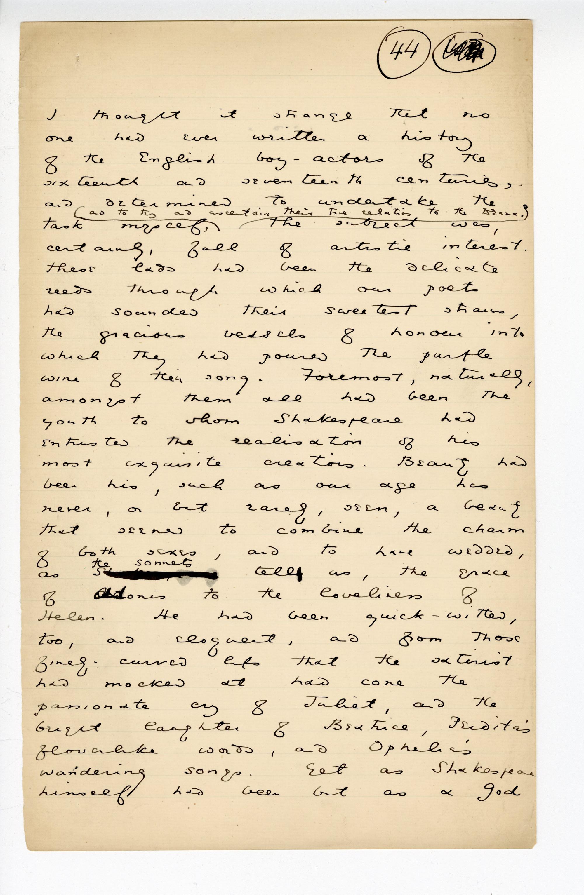 Folio 44 is a handwritten notebook page with no cutouts. The original folio number which seems to be "43" is scrawled out and "44" is written beside it in Wilde's hand. 