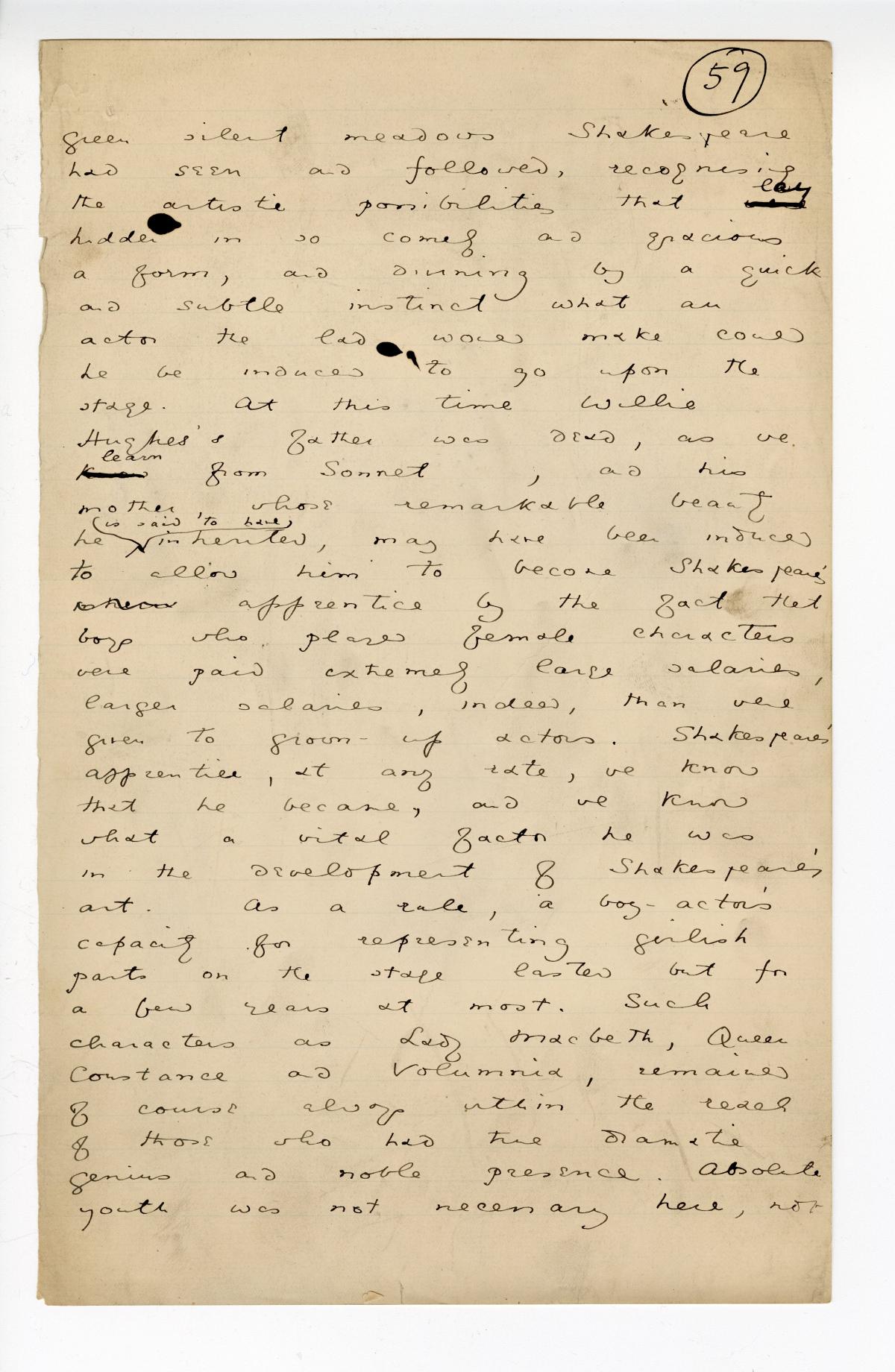 Folio 59 is a handwritten notebook page with no cutouts. There are a number of inkblots or drippings on this page.