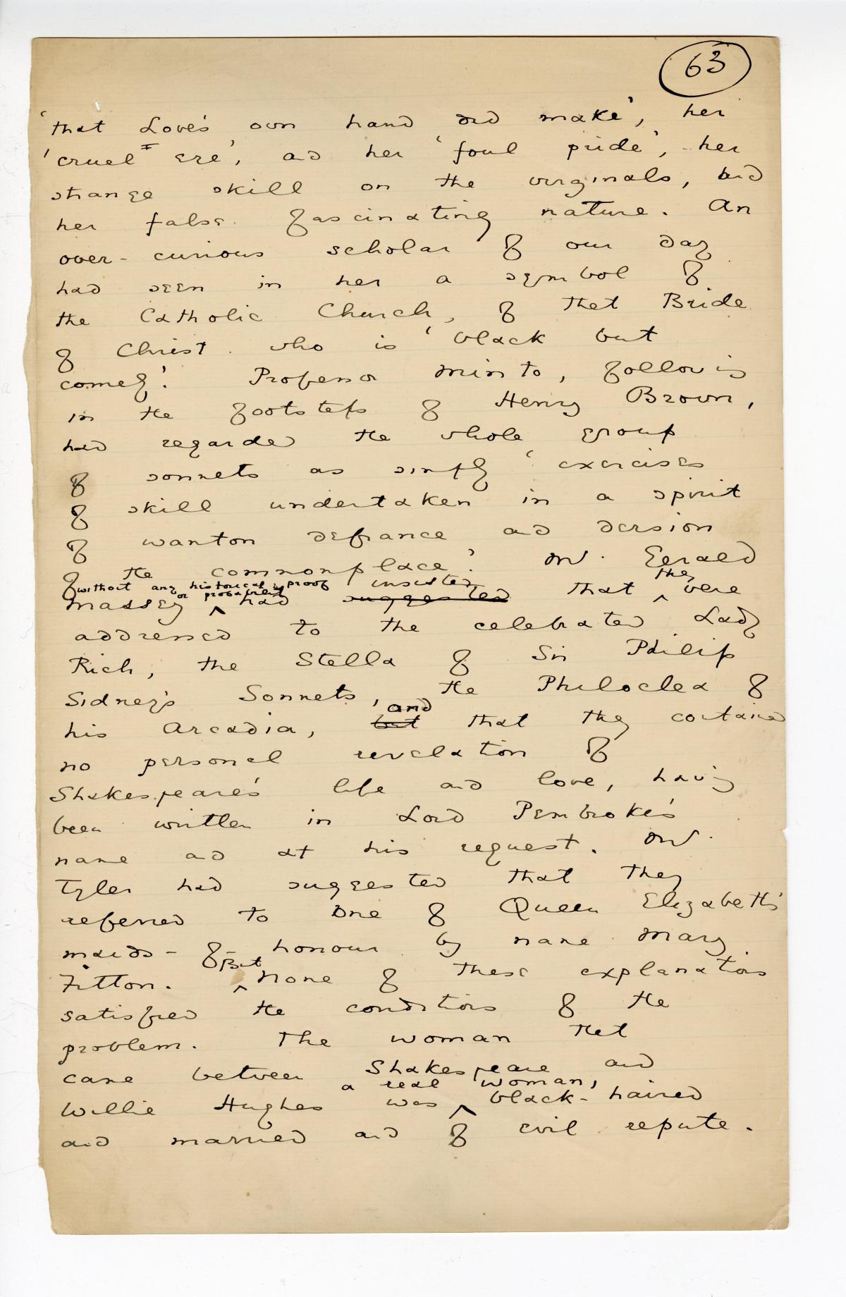 Folio 63 is a handwritten notebook page with no cutouts. 