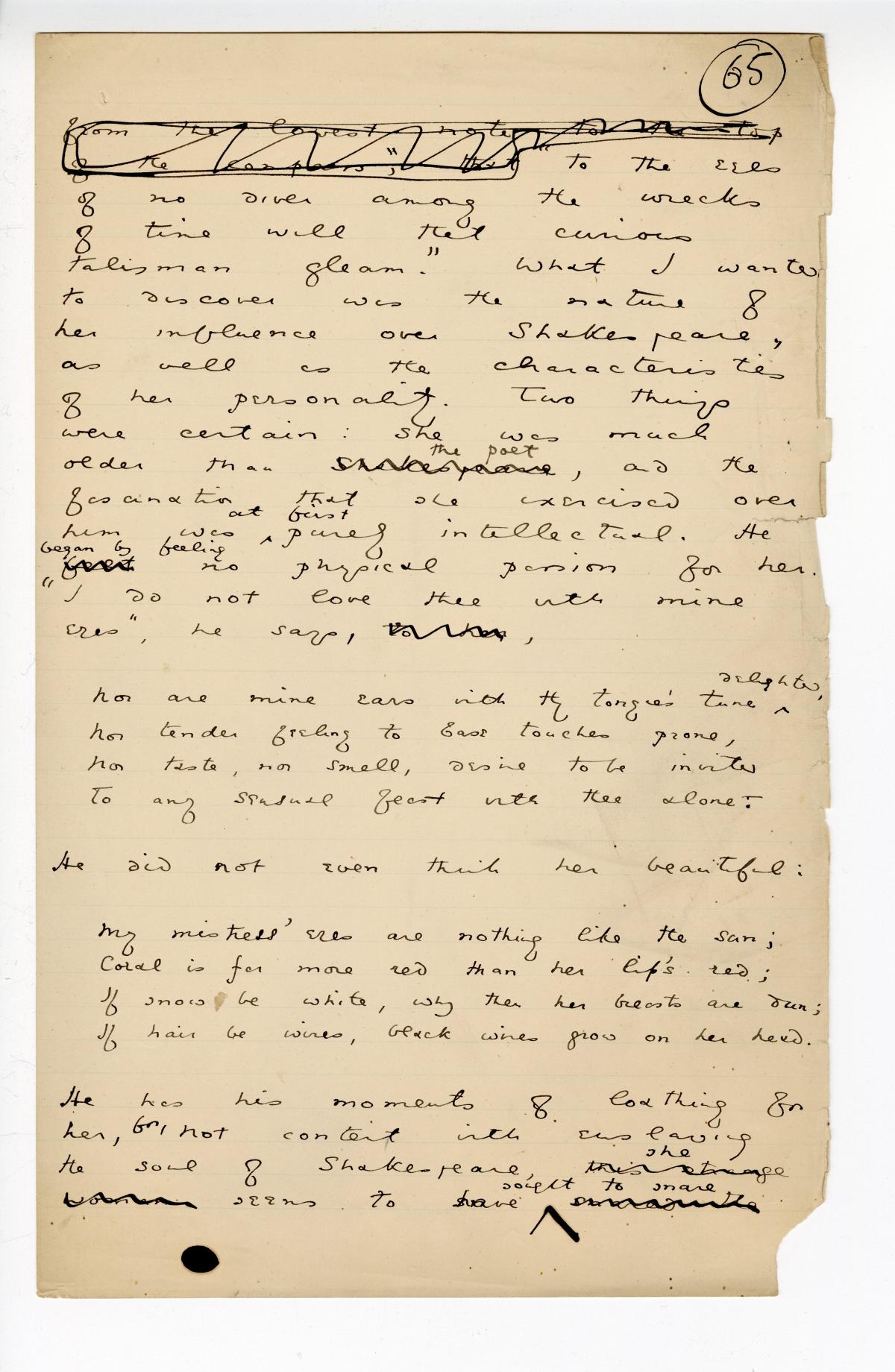 Folio 65 is a handwritten notebook page with no cutouts. 