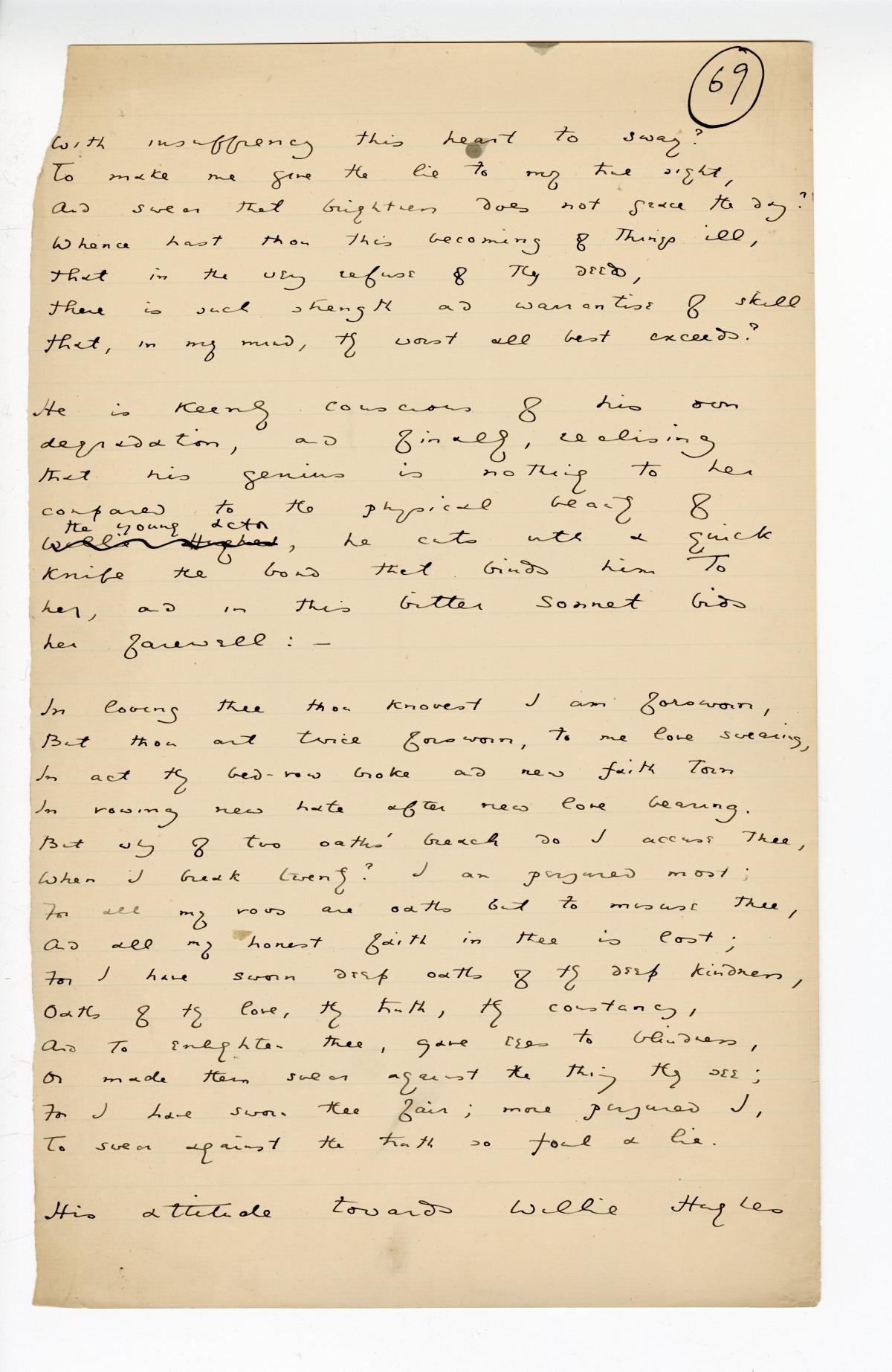 Folio 69 is a handwritten notebook page with no cutouts. 