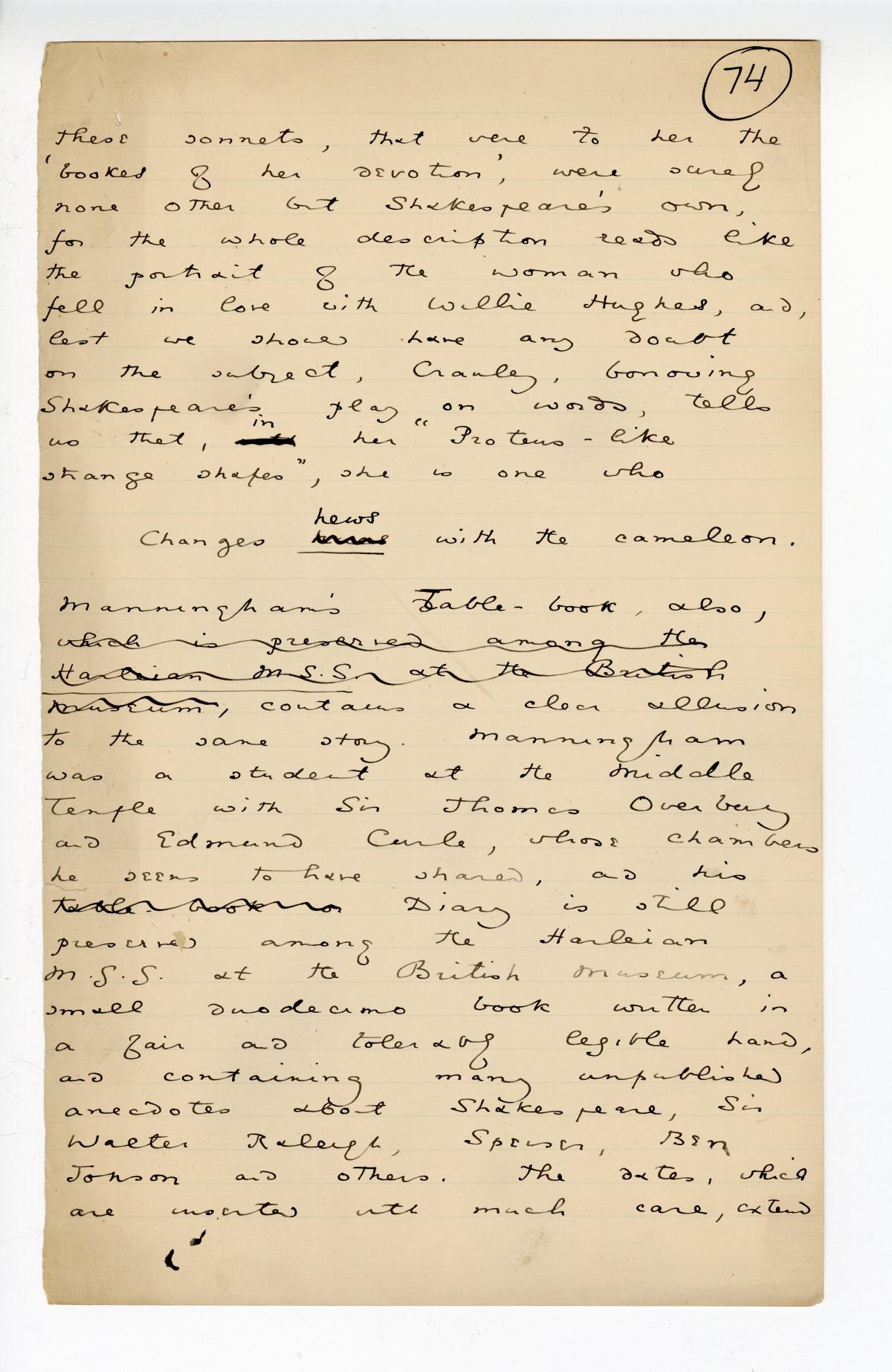 Folio 74 is a handwritten notebook page with no cutouts. 