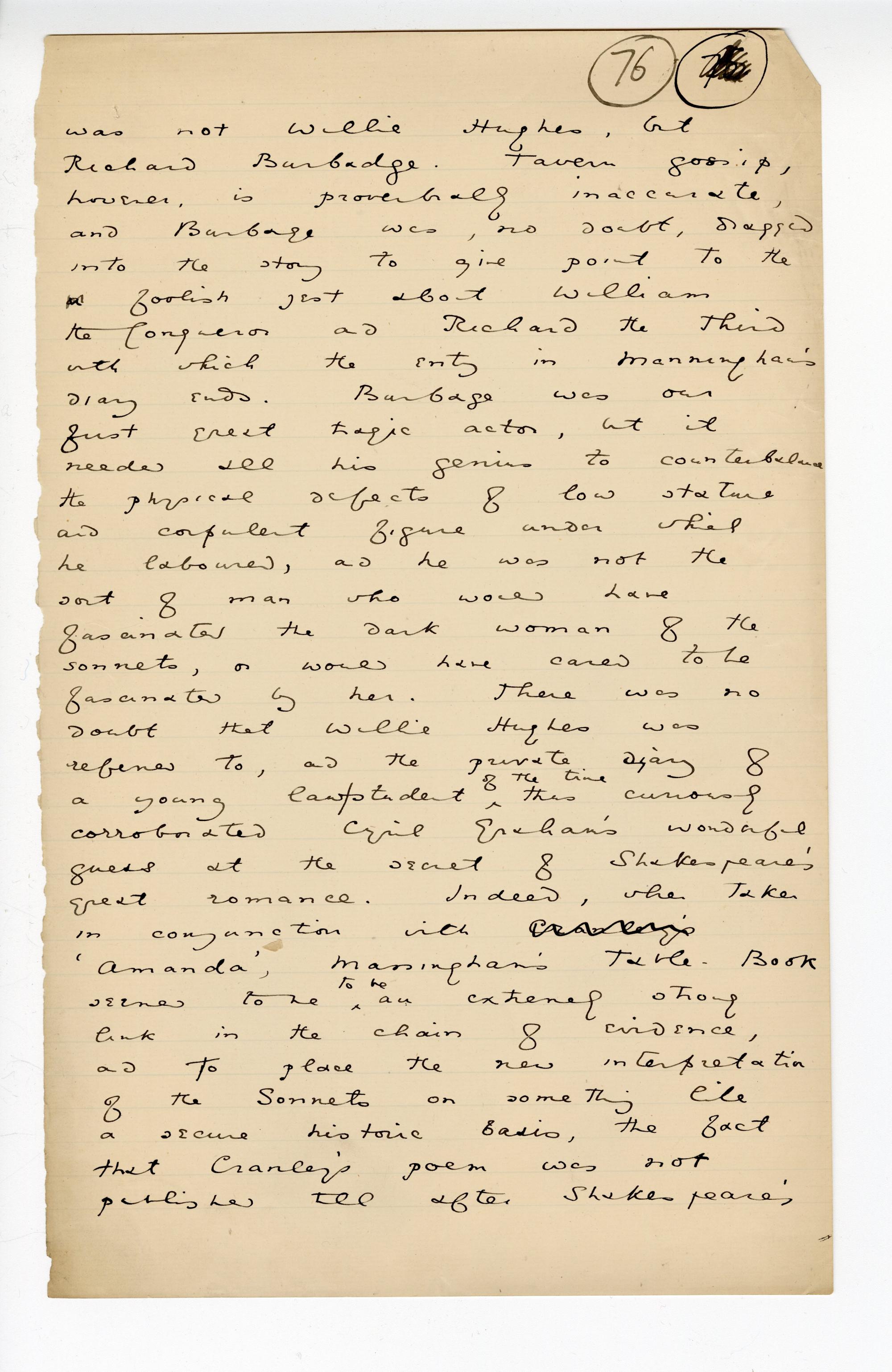 Folio 76 is a handwritten notebook page with no cutouts. In the top righthand corner the folio number 76 seems to be corrected in Wilde's hand from "75."