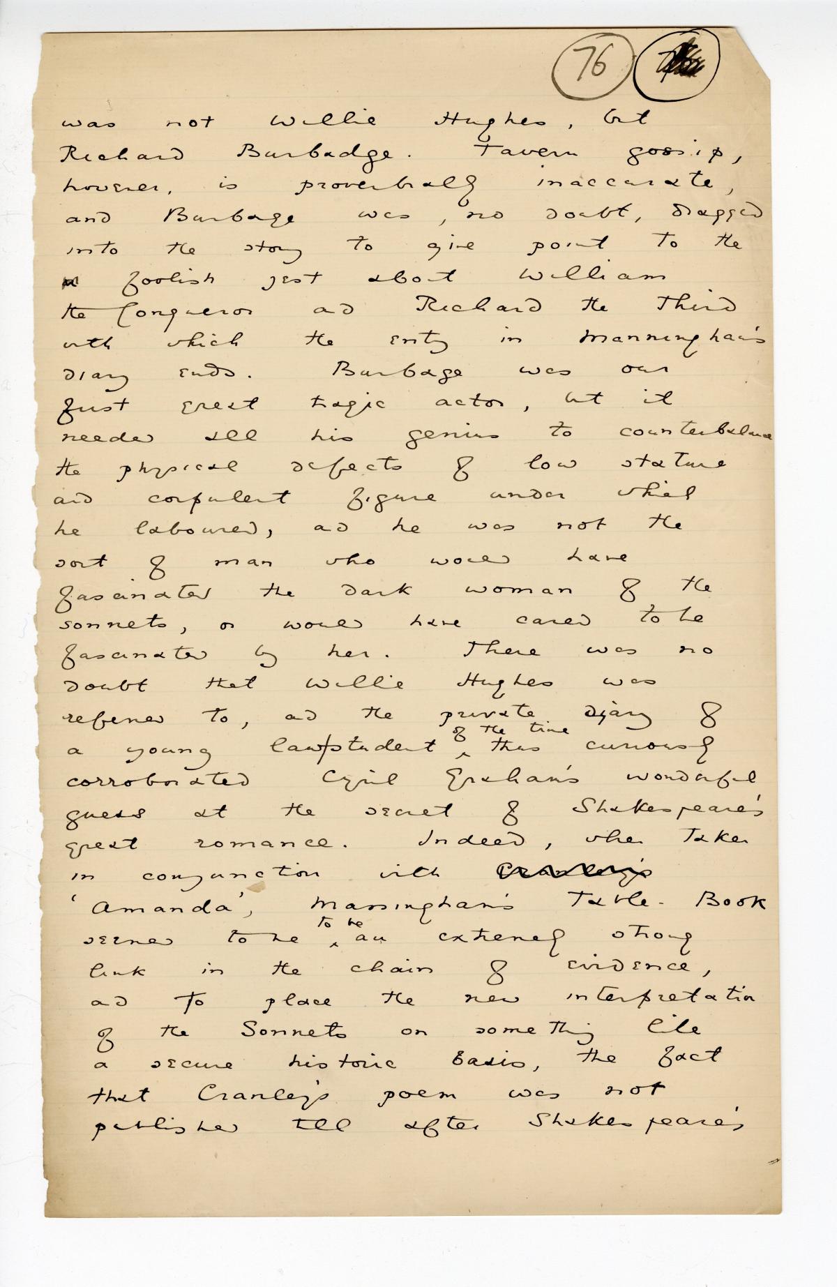 Folio 76 is a handwritten notebook page with no cutouts. In the top righthand corner the folio number 76 seems to be corrected in Wilde's hand from "75."