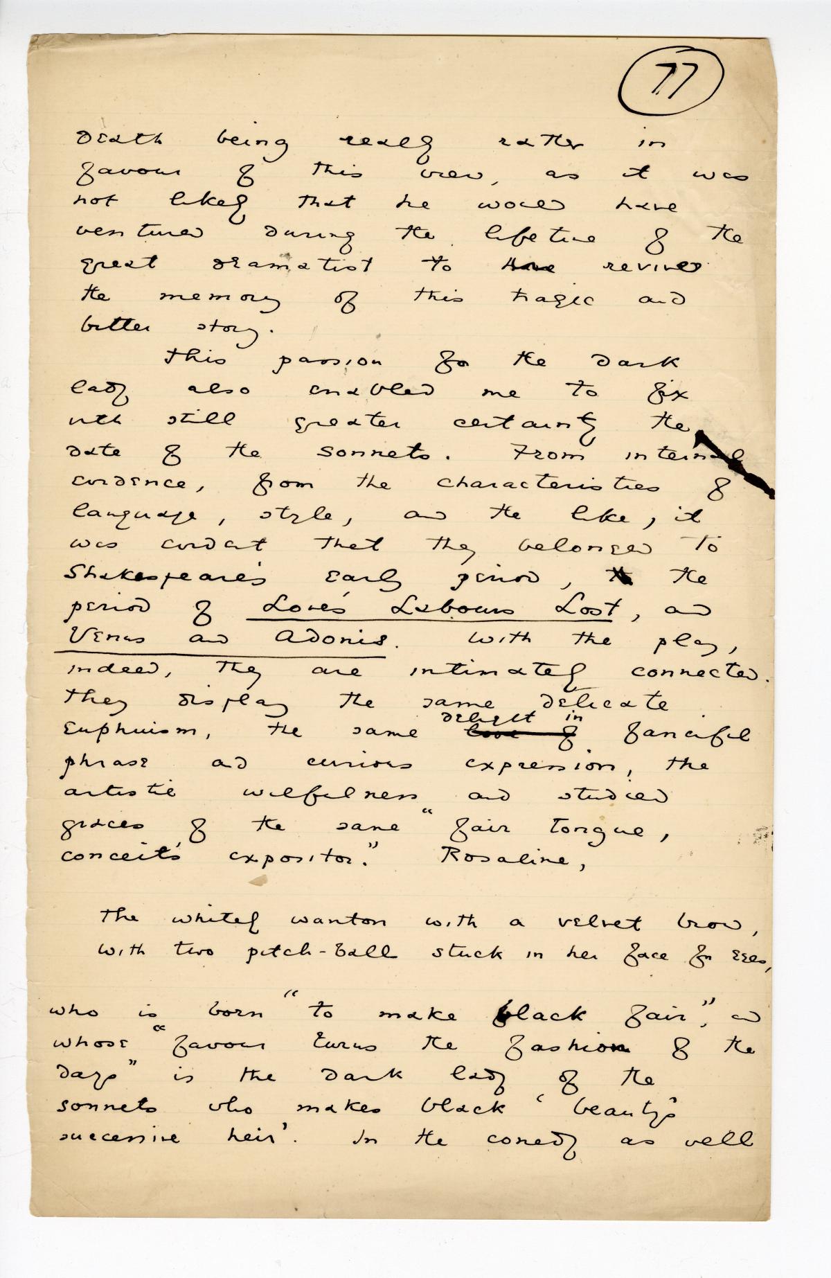 Folio 77 is a handwritten notebook page with no cutouts. There is an inkblot on the right side of the page.