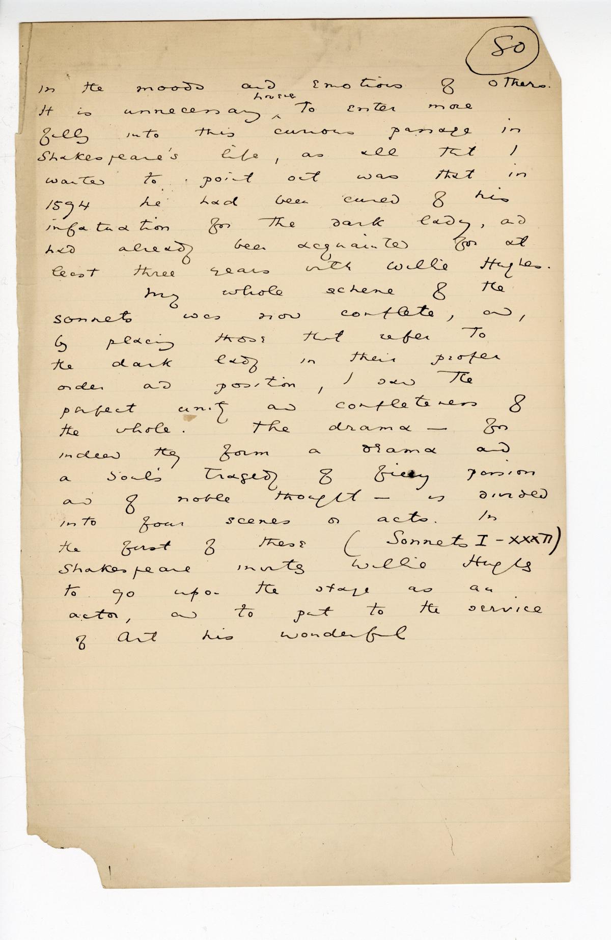 Folio 80 is a handwritten notebook page with no cutouts. Wilde leaves a blank space at the end of the page, perhaps to better connect it with the following folio page.