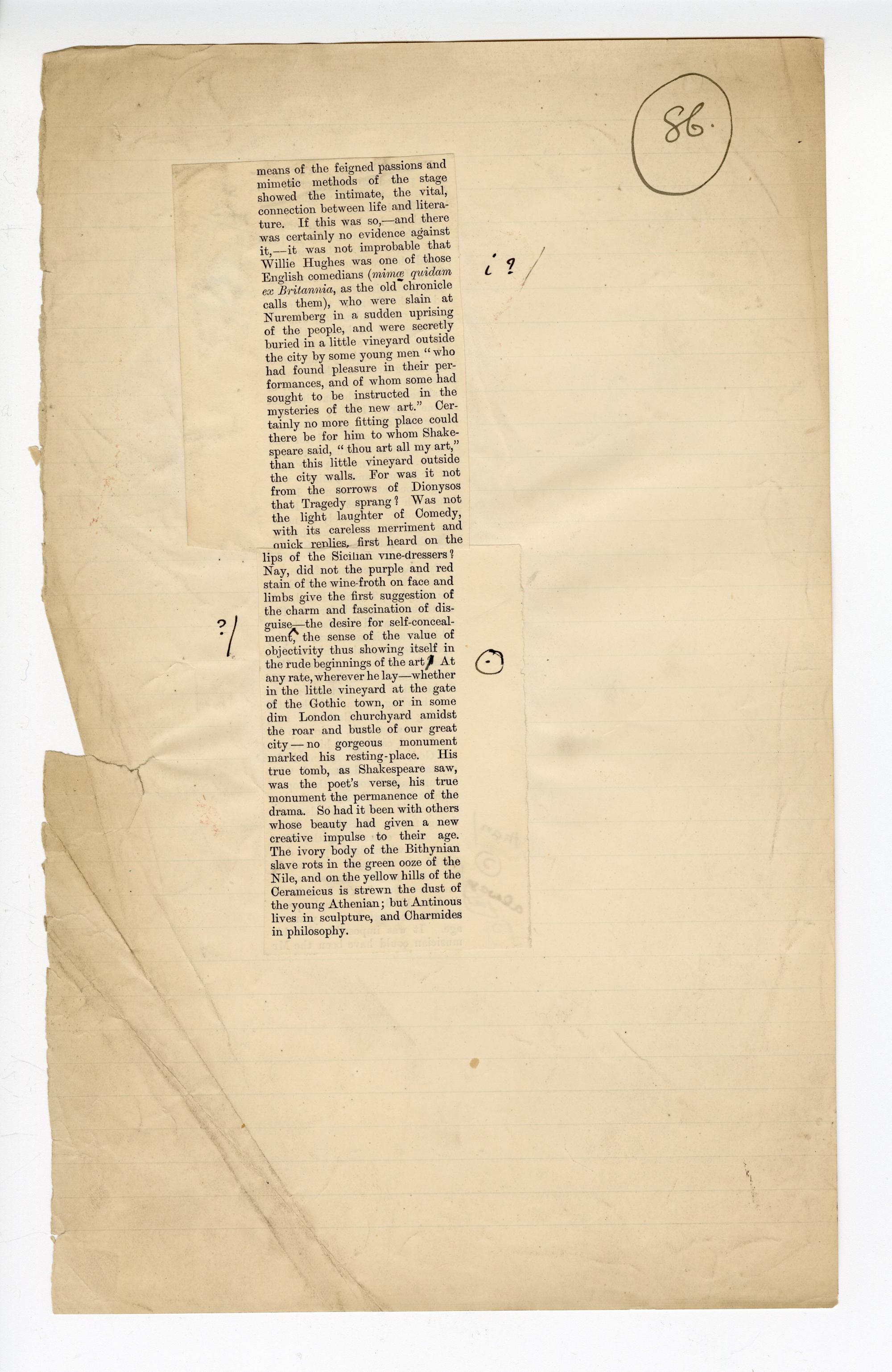 Folio 86 contains two cutouts from the upper portion of p. 18 of the Blackwood's 1889 printing glued down into a single column onto a notebook page. Wilde makes annotations on the Blackwood's cutouts and on the notebook page.