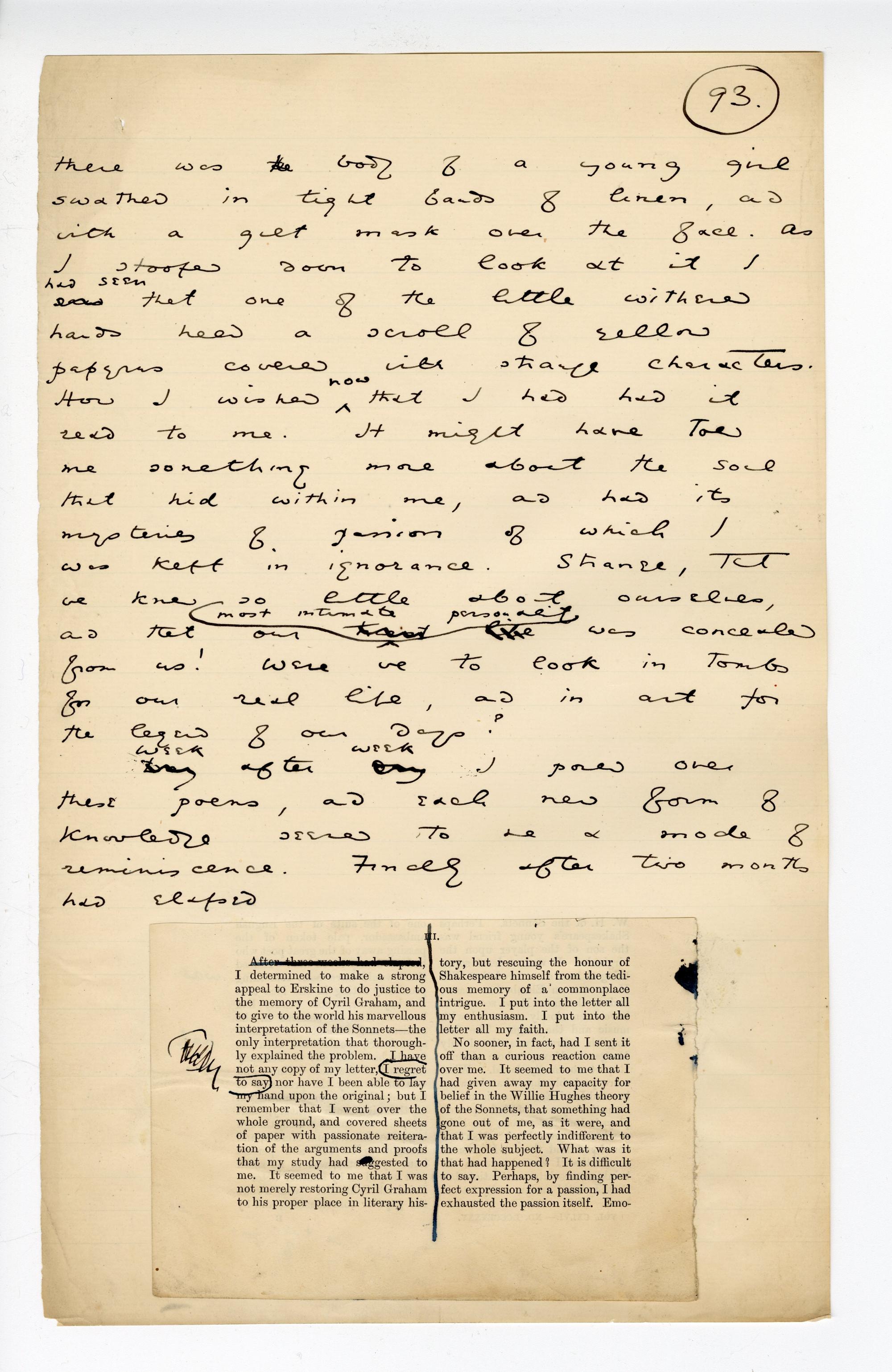 Folio 93 begins with handwriting and contains a cutout from the bottom of p. 18 (beginning of Chapter 3) of the Blackwood's 1889 printing glued dow at the bottom of this notebook page with annotations and an inkblot on the cutout.