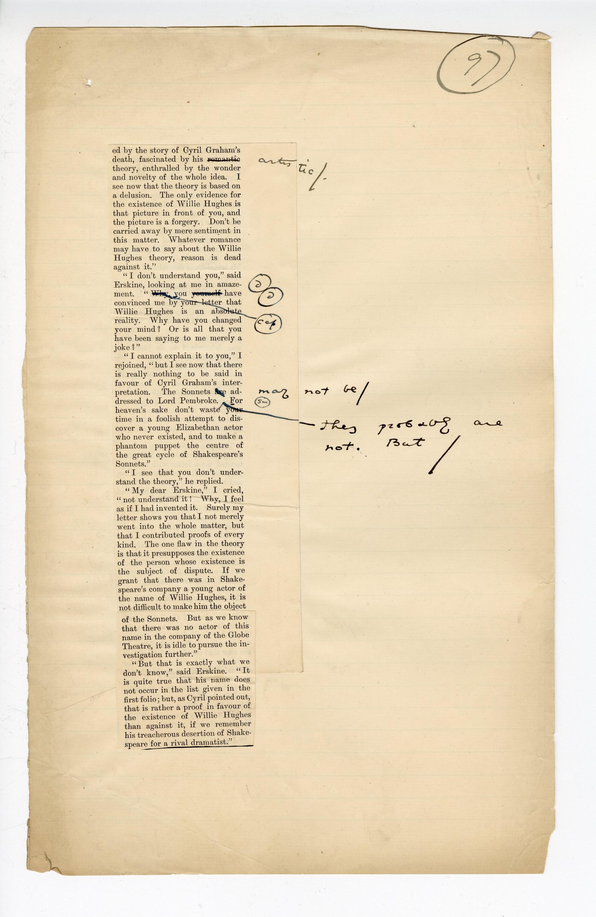 Folio 97 contains two cutouts from the Blackwood's 1889 printing glued down into a single column onto a notebook page and annotated on the cutout and onto the notebookpage. The first cutout is from the righthand column of p.19. The second cutout, which is glued directly under end of the printed text on the first cutout (but glued over the bottom margin of the page), is from the lefthand column of p.20. 