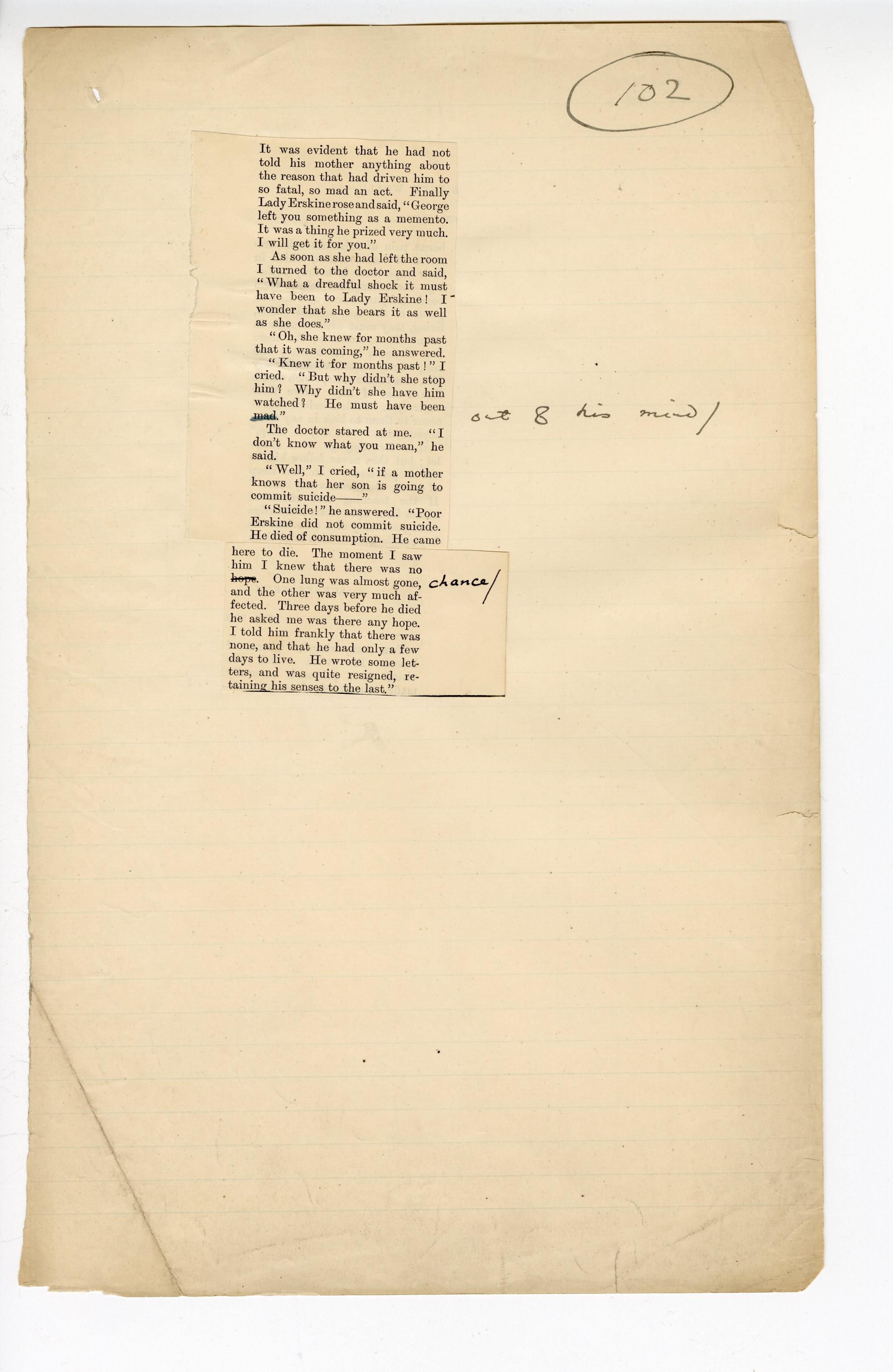 Folio 102 contains two cutouts from p. 21 of the Blackwood's 1889 printing glued down into a single column onto a notebook page. Wilde makes annotations on the Blackwood's cutouts and on the notebook page.